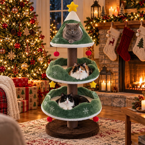 Christmas tree cat tree with three cats in a cozy living room