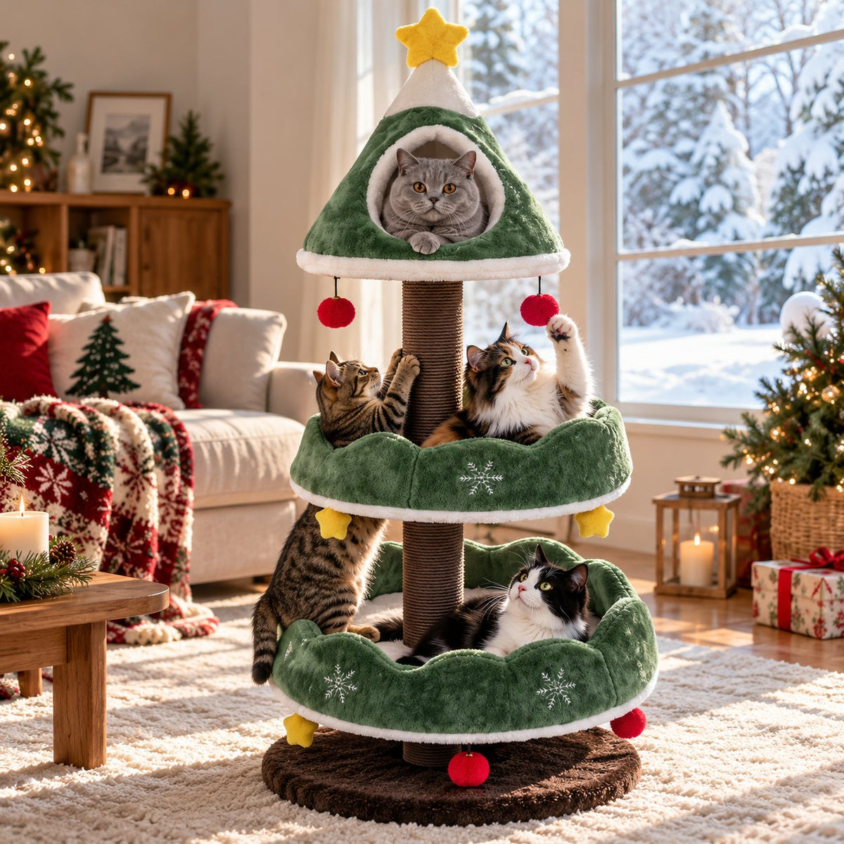 Four cats playing on the Christmas tree cat tree