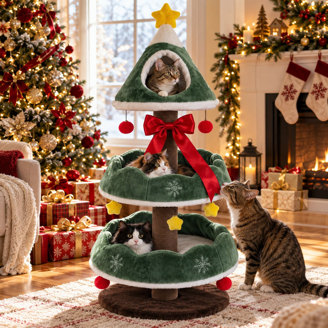 Christmas tree cat tree with a red gift bow